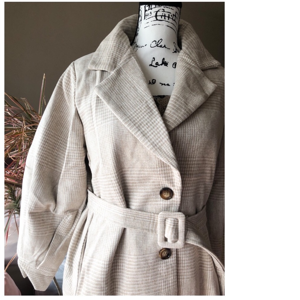 Coat long plaid vintage lantern puff sleeve runway womens soft khaki belt - Picture 6 of 10